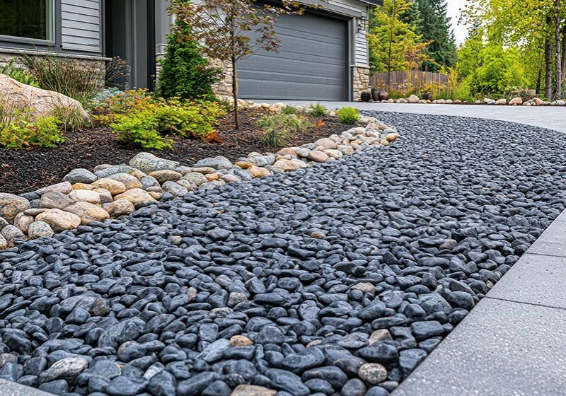 AdobeStock_1297653019 Modern driveway with black gravel landscaping